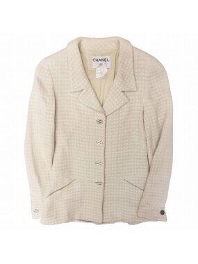 Chanel Tweed Jacket Blue Leather Logo Button 00 C Top Size 36 S 00S